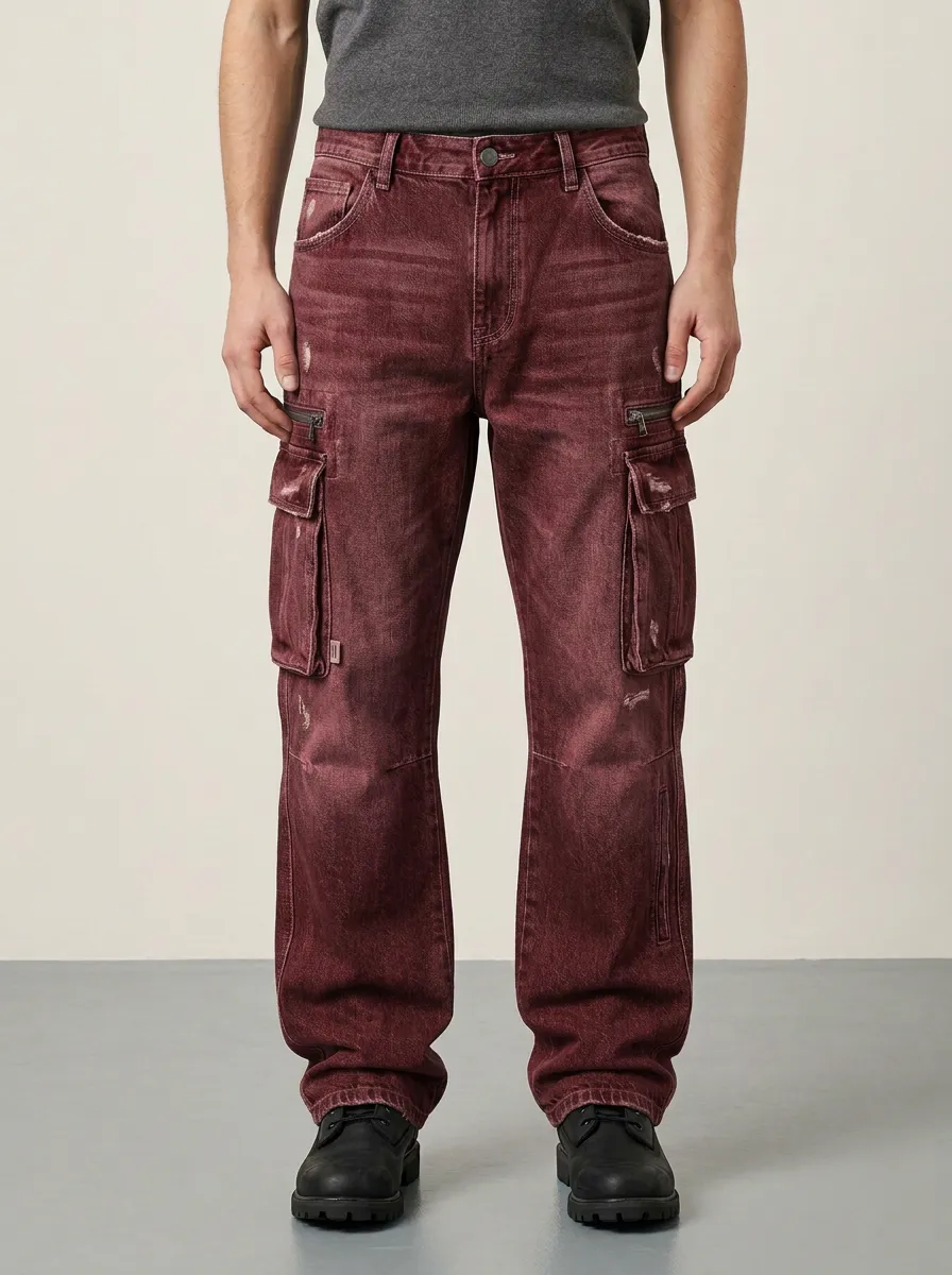 Men's Blue Distressed Mid Blue Reinforced Knee Cargo Pants