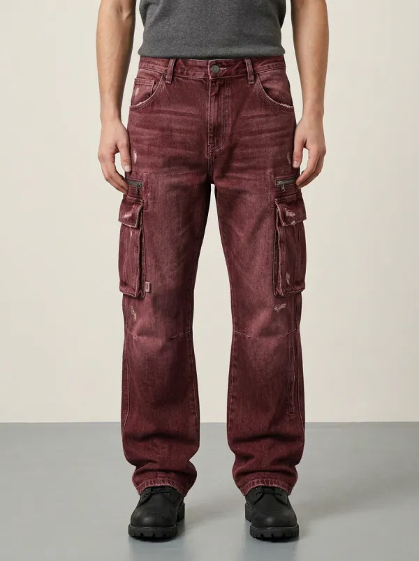 Men's Blue Distressed Mid Blue Reinforced Knee Cargo Pants