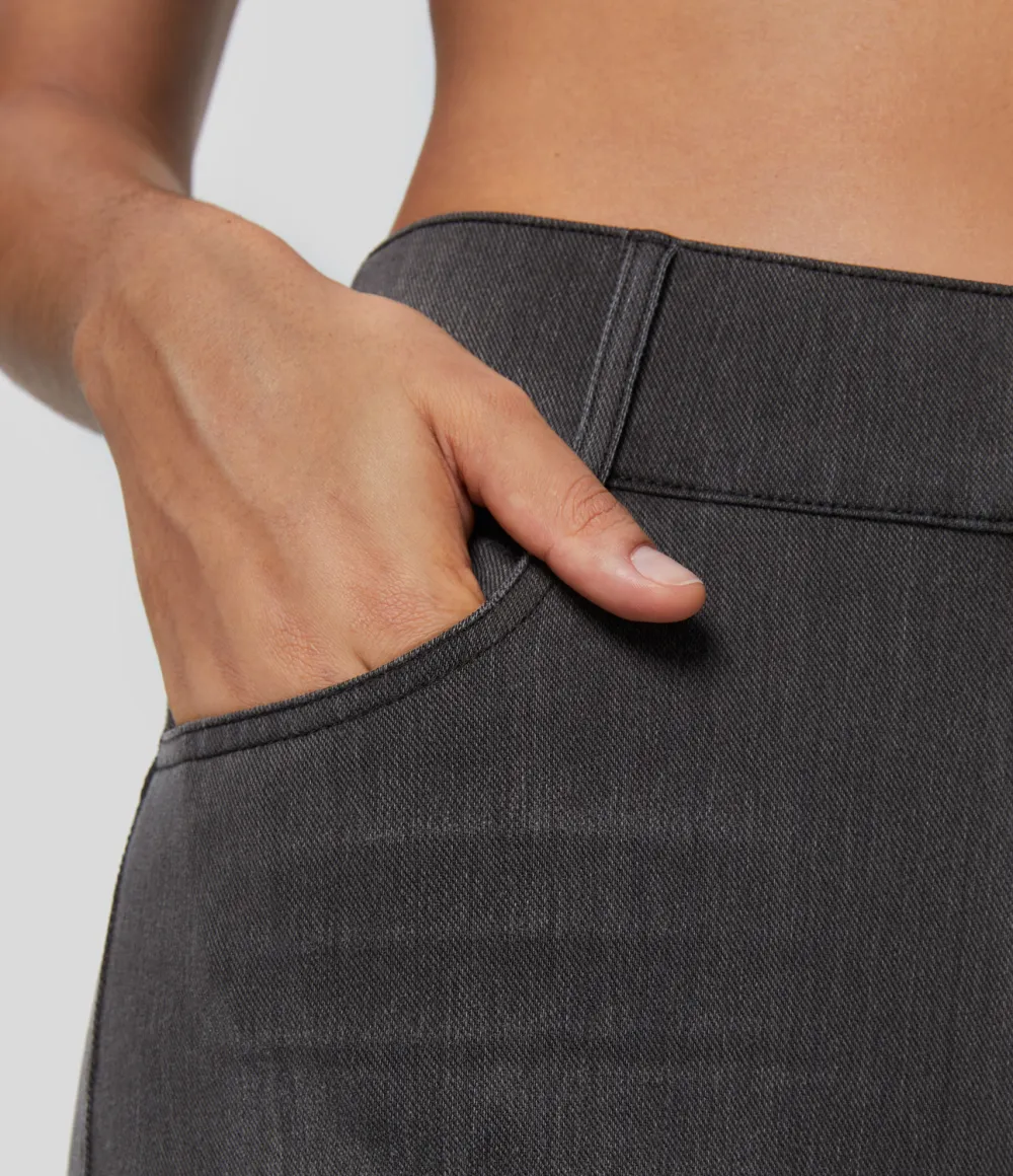 Magic High Waisted Multiple Pockets Stretchy Knit Denim Work Full Length Flare Leggings