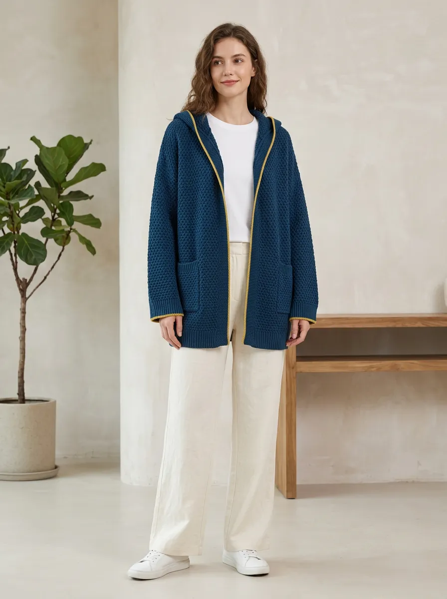 Women's Honeycomb-Knit Open-Front Patch-Pocket Drop-Shoulder Hooded Cardigan
