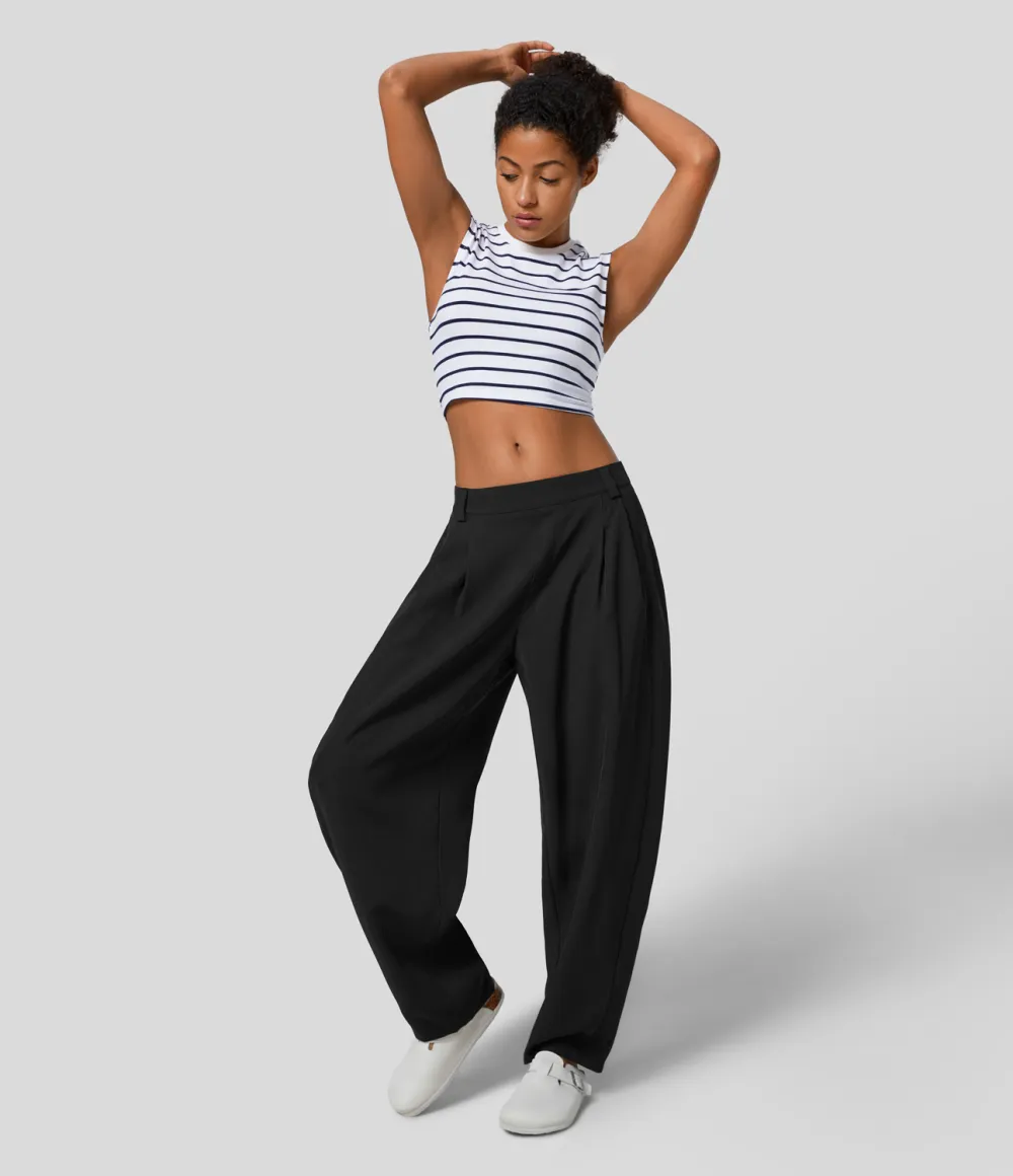 Mid Rise Plicated Side Pocket Barrel Leg Work Pants
