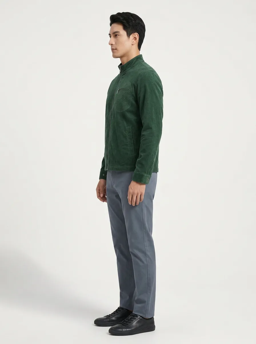 Men's Wave-Embroidered Zip-Chest Corduroy Jacket