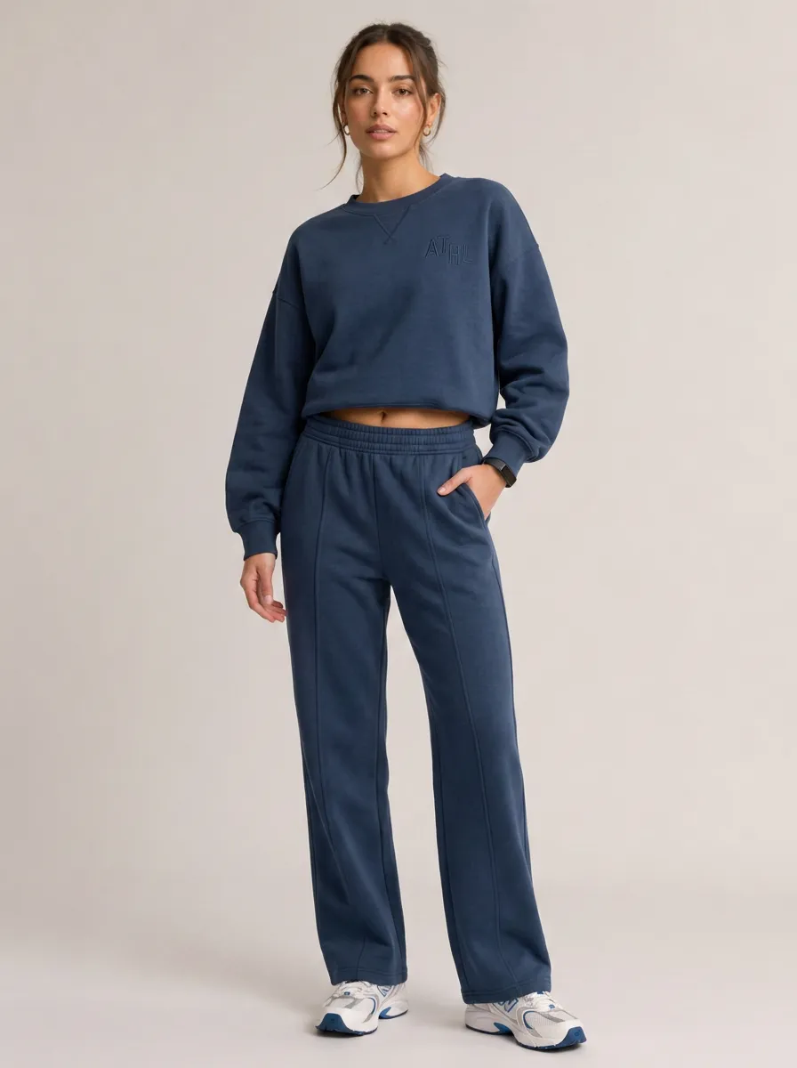 Women's Athleisure Sporty ATHL Embroidered Cropped Sweatshirt Jogger Set