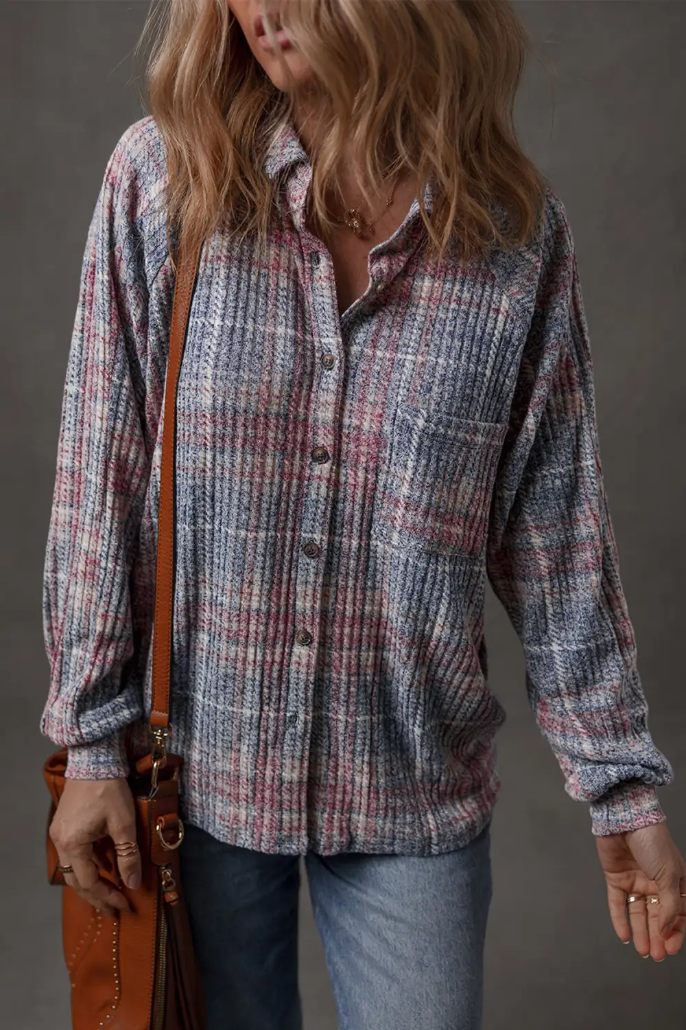 Women's Plaid Textured Pocket Blouse