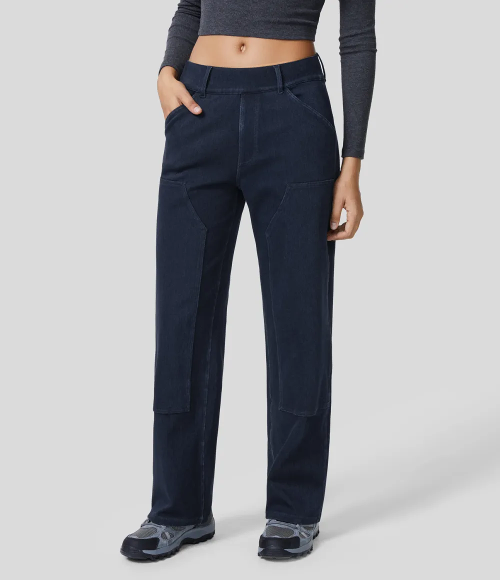 Magic Mid Rise Utility Pockets Straight Leg Stretchy Knit Lumberjack Style Casual Boyfriend Jeans