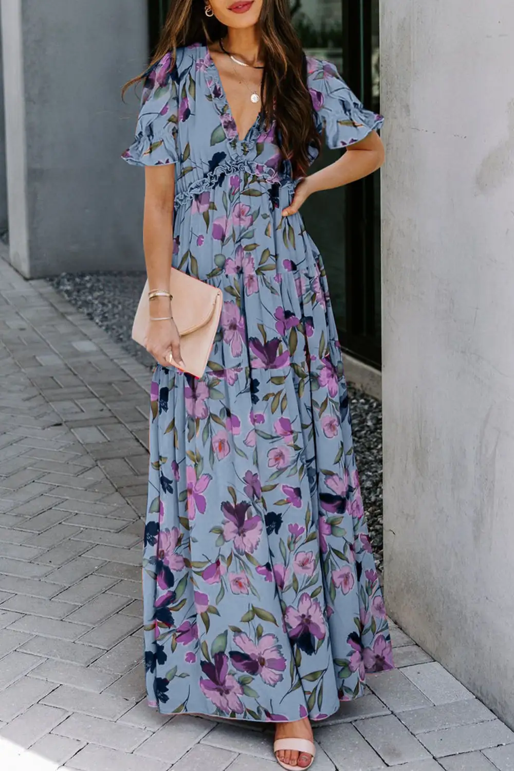 Refined Fiery Floral Print Frilled V Neck Short Sleeve Maxi Dress