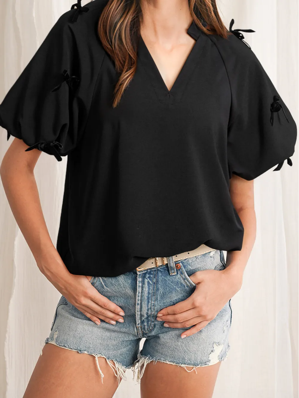 Bow Detail Puff Sleeve Split Neck Blouse