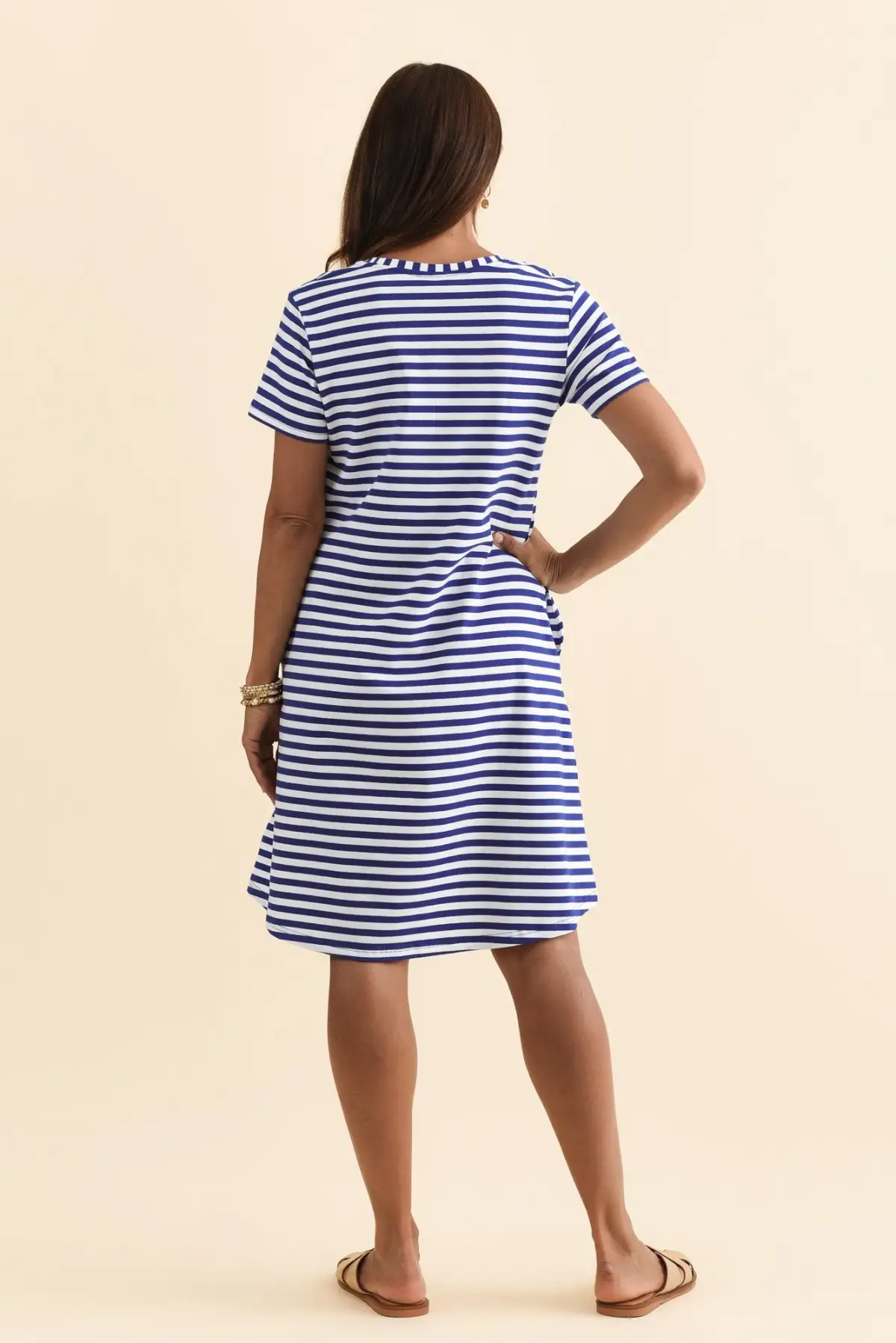 Cotton Knee-Length Striped Pocket Round-Neck Short-Sleeve A-Line T-Shirt Dress