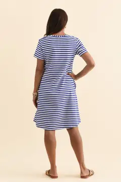 Cotton Knee-Length Striped Pocket Round-Neck Short-Sleeve A-Line T-Shirt Dress
