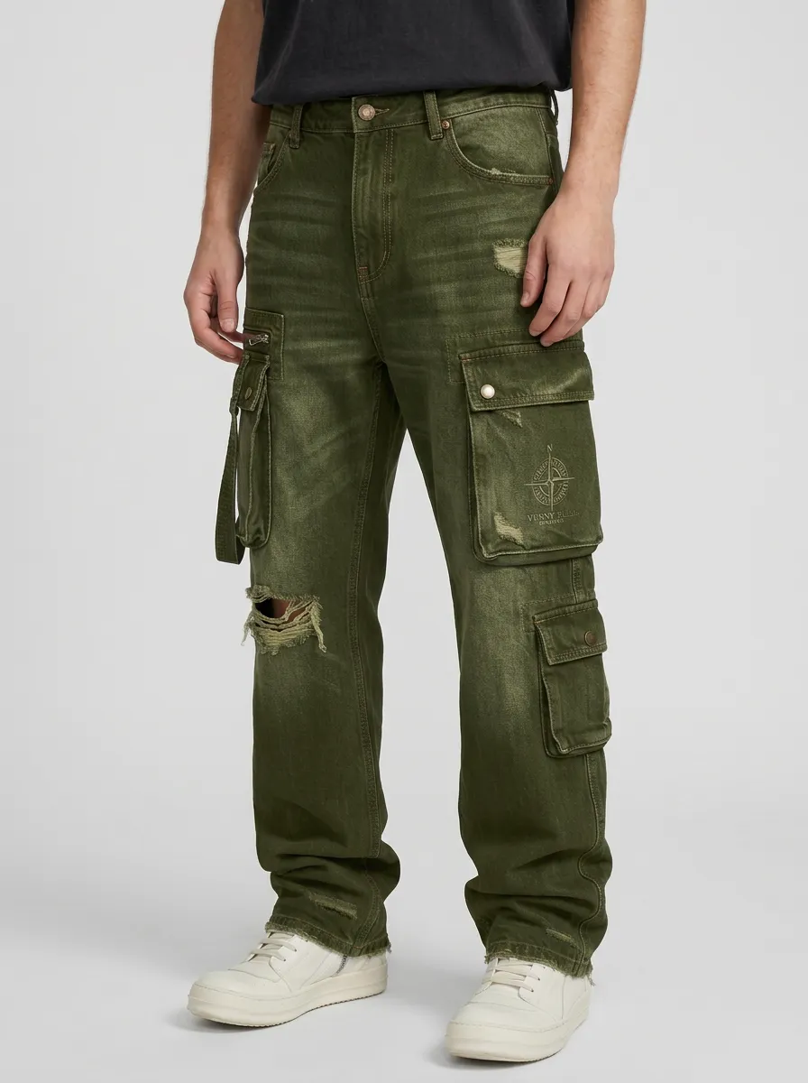 Men's Streetwear Compass Graphic Distressed Printed Cargo Jeans