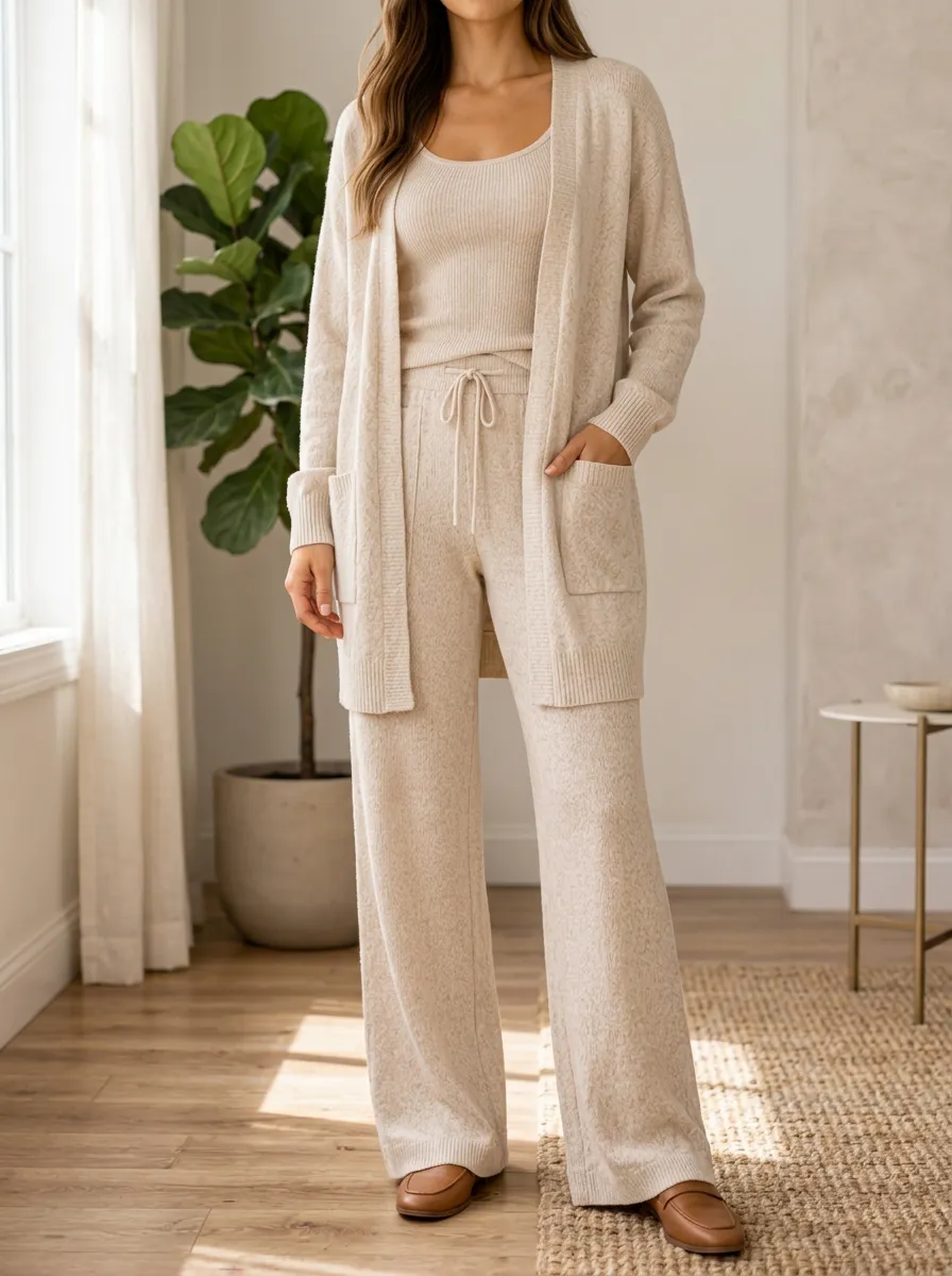 Women's Lounge Knit Cardigan And Wide Leg Pants With Tank Top Three Piece Outfit