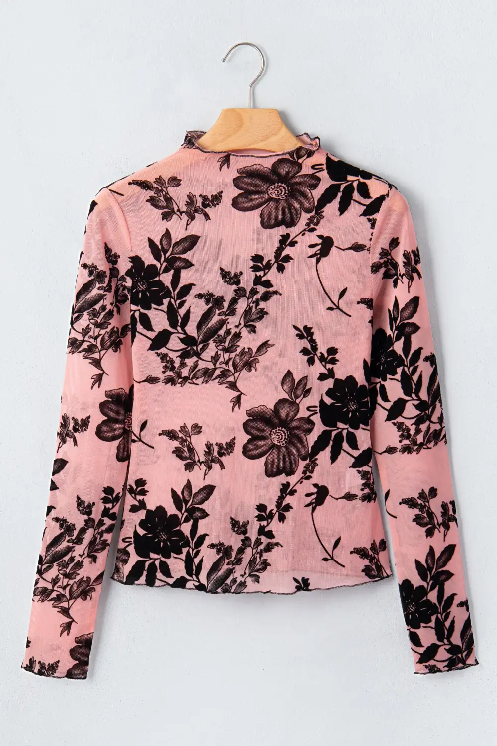 Floral Print Mesh Fitted Stretch Fabric Long Sleeve Blouse