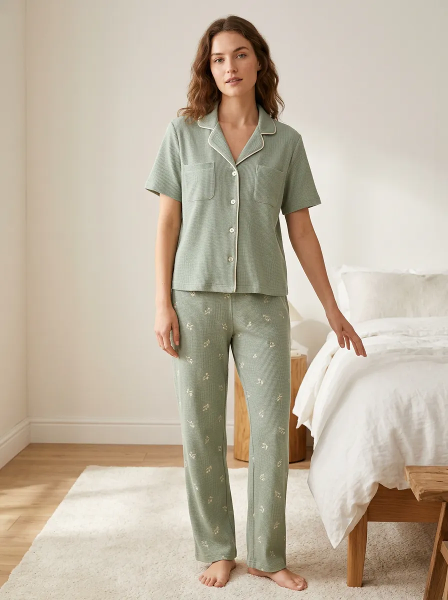 Women's Floral Waffle Knit Sage Green Printed Pajama Set