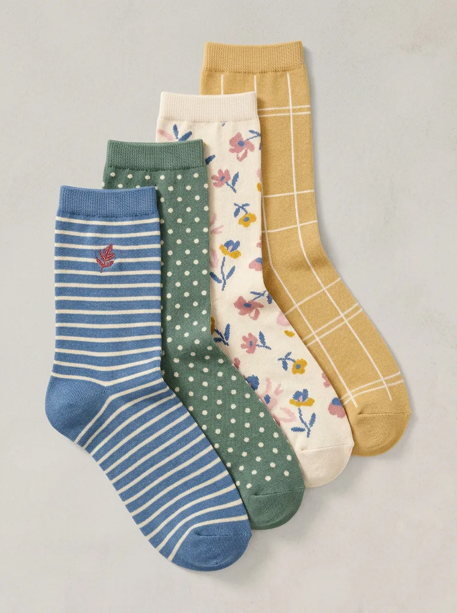 Vintage Inspired Floral Striped Vintage Four-Pair Casual Socks