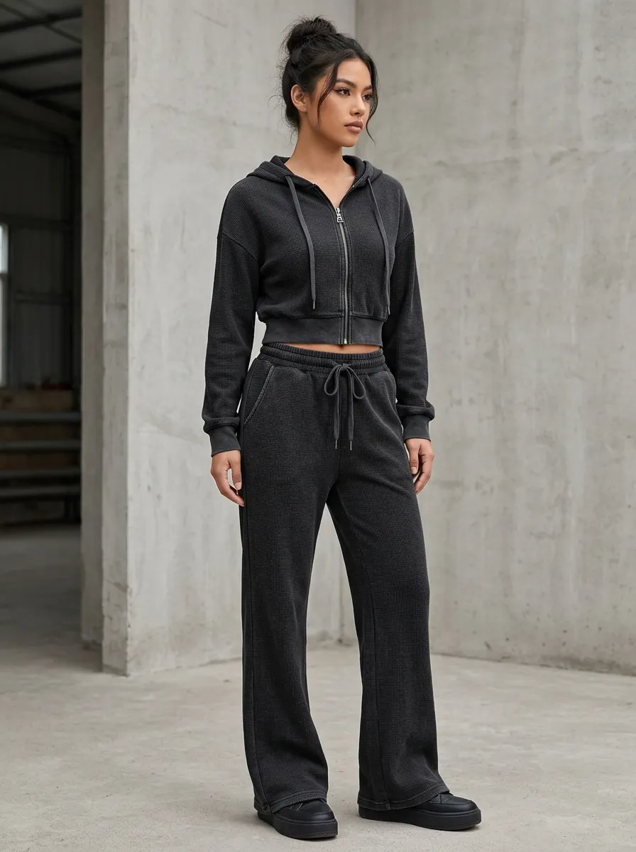 Women's Modern Waffle Knit Sport Inspired Cropped Hooded Jacket and Flare Pants Active Set