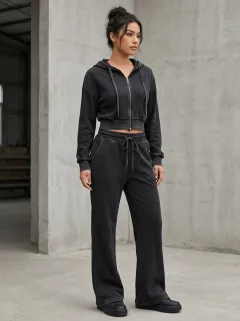 Women's Modern Waffle Knit Sport Inspired Cropped Hooded Jacket and Flare Pants Active Set