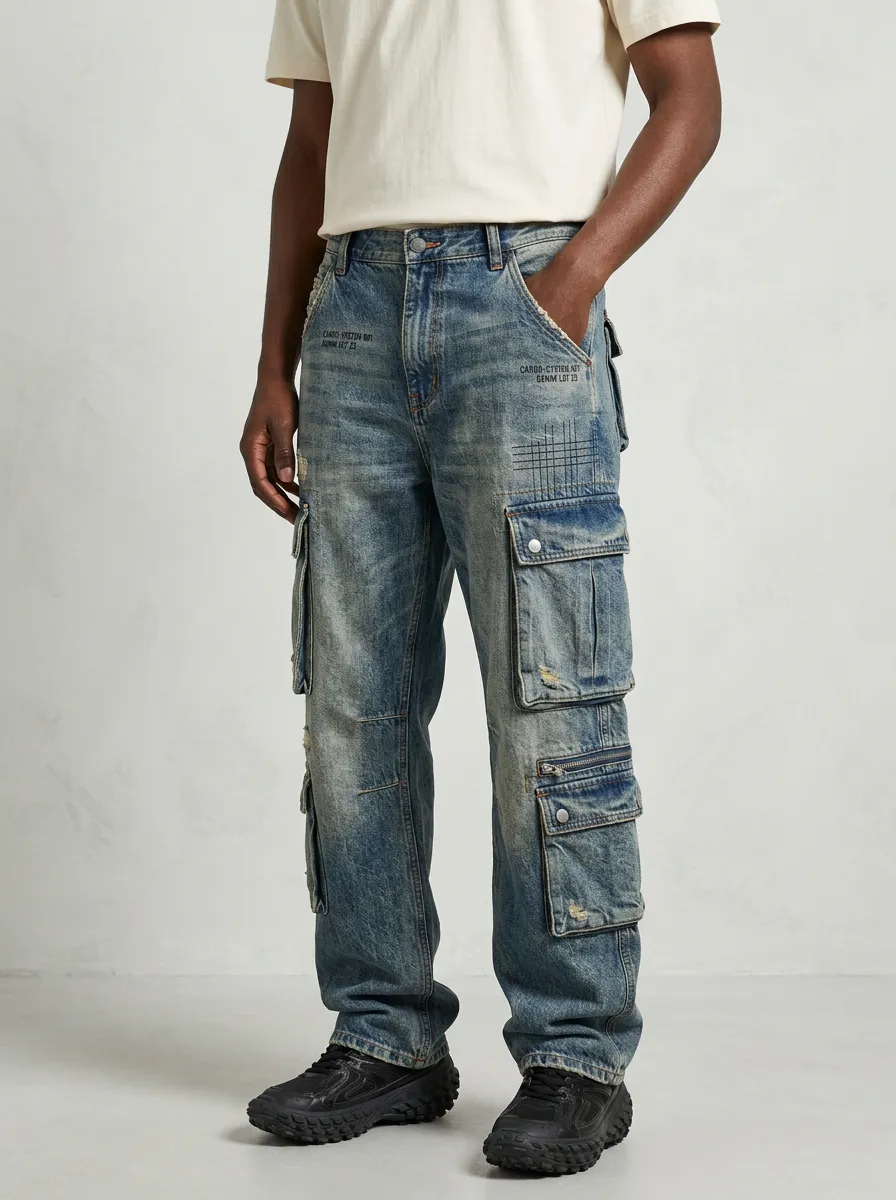 Men's Blue Distressed Mid Blue Zip Utility Pocket Cargo Pants