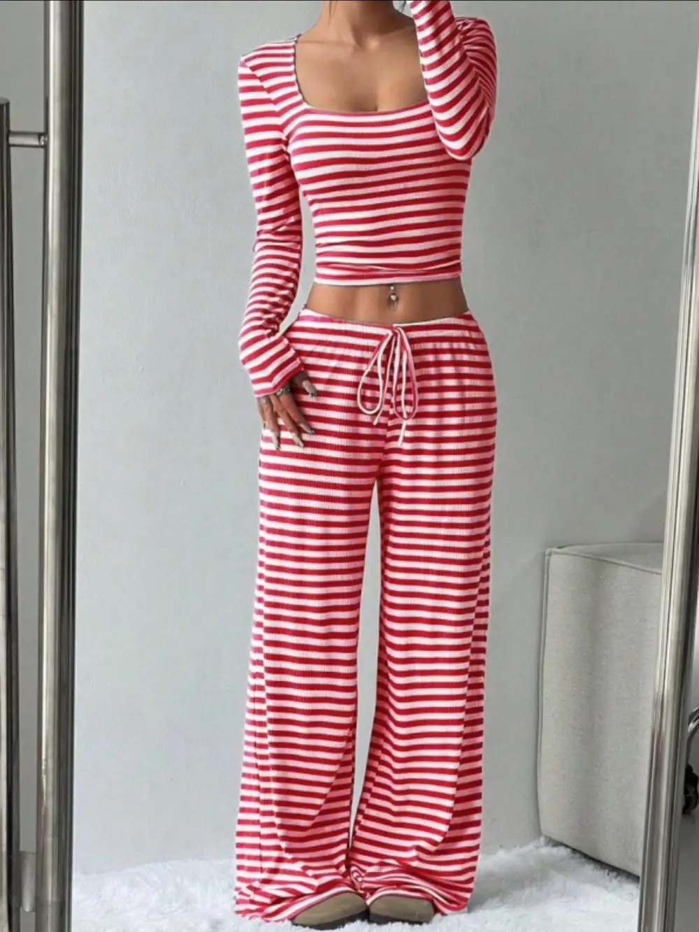 Striped Long Sleeve Crop Top and Wide Leg Pants Set