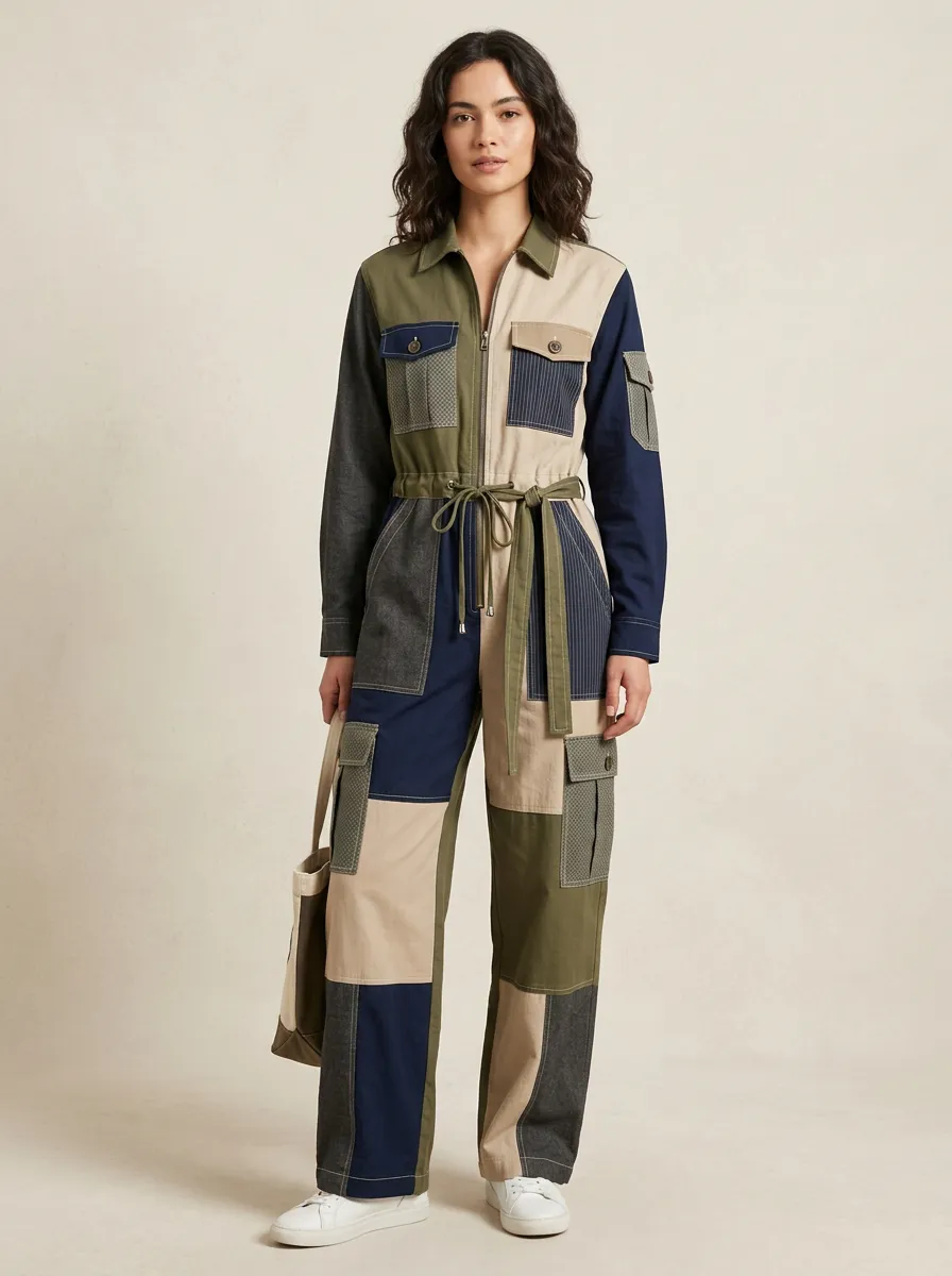 Women's Utility Patchwork Colorblock Graphic Jumpsuit