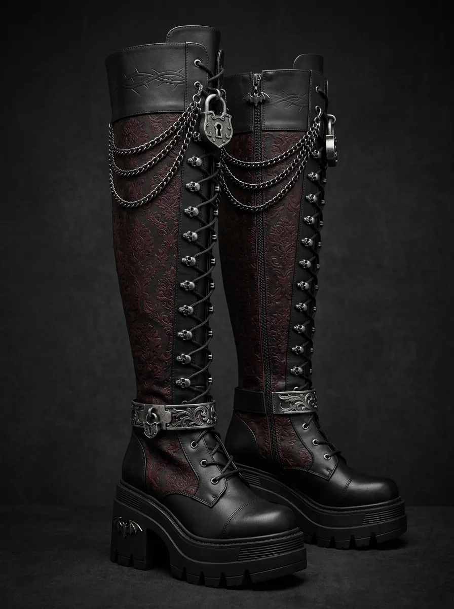 Modern Gothic Skull Damask Chain Punk Look Women's Gothic Platform Boots