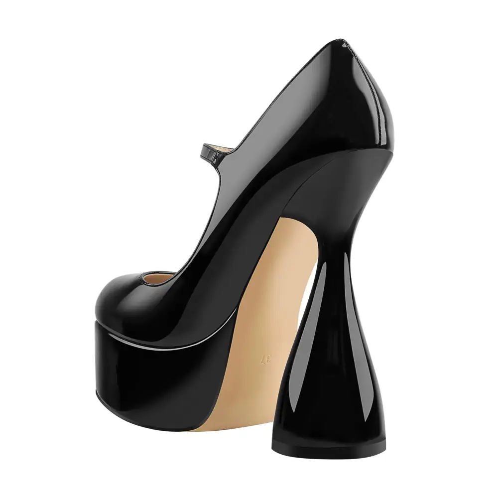 Patent Finish Round Toe Platform Chunky Heel Pumps