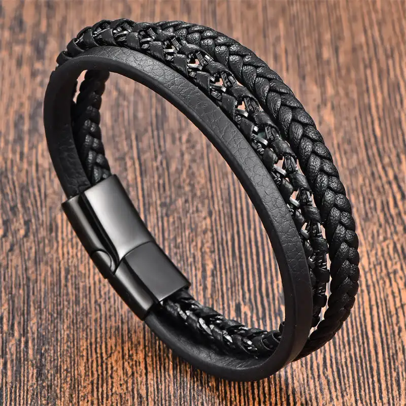 Braided Design Titanium Steel Multi Layer Leather Bracelet