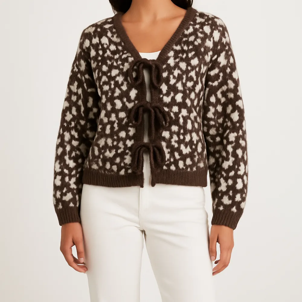 Textured Wool Viscose Longline Leopard Pattern Cardigan