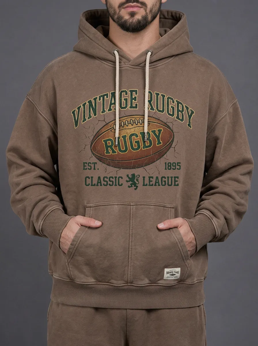 Men's Vintage Rugby Sport Lover Ball Printed Hoodie