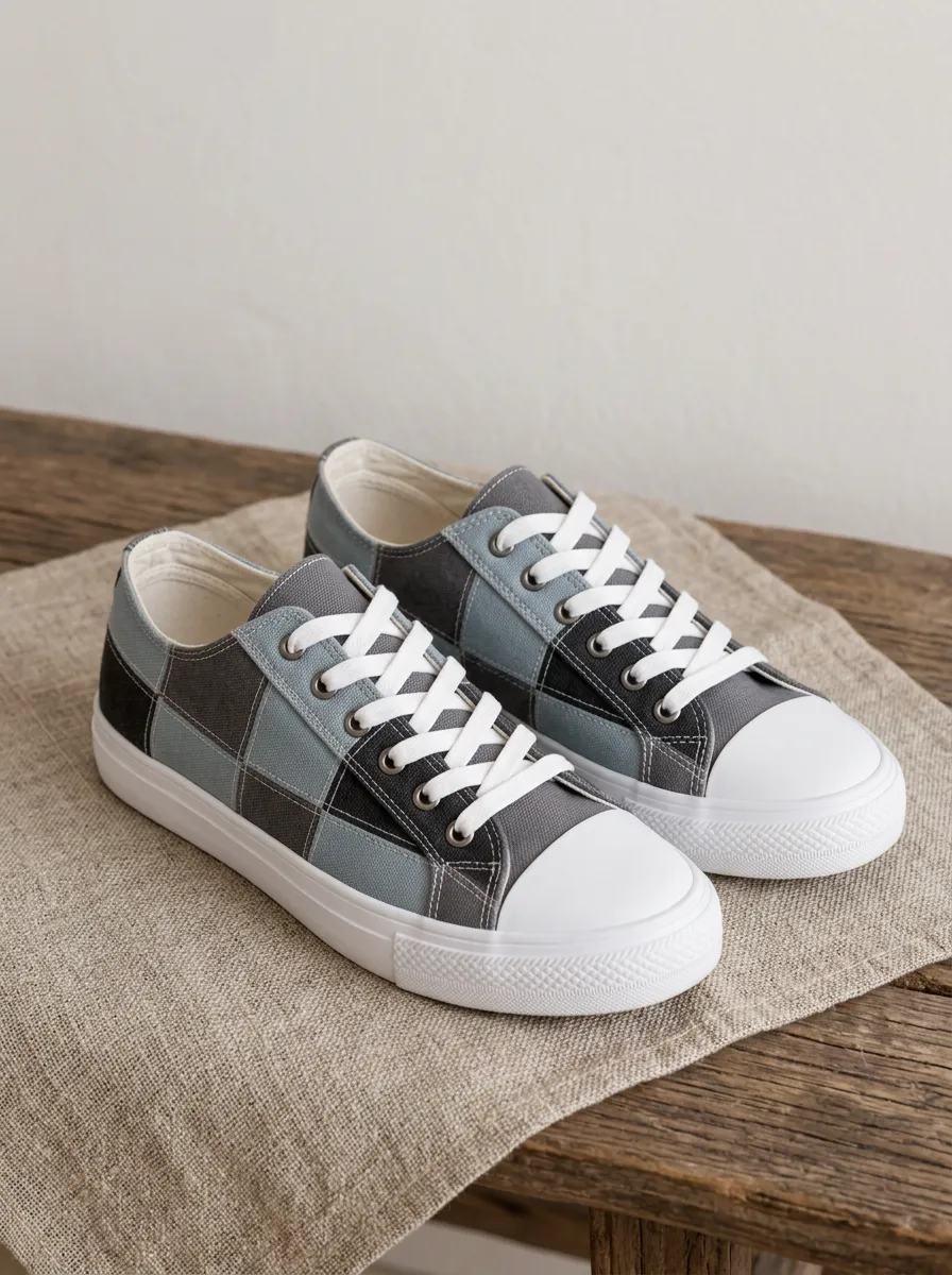 Men's Grey Blue Checkered Pattern Printed Canvas Shoes