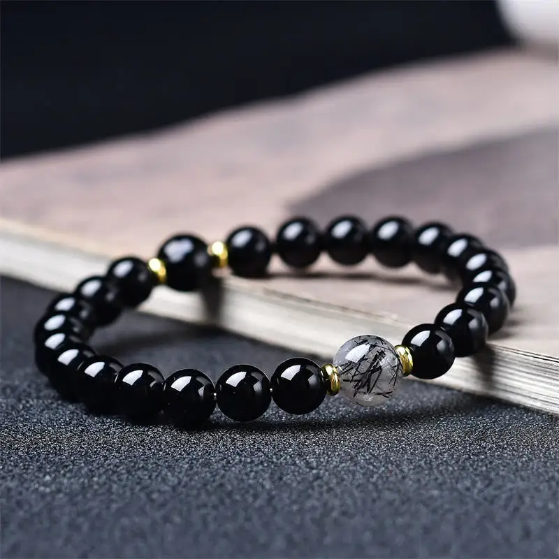 Natural Obsidian Rutilated Quartz Bracelet