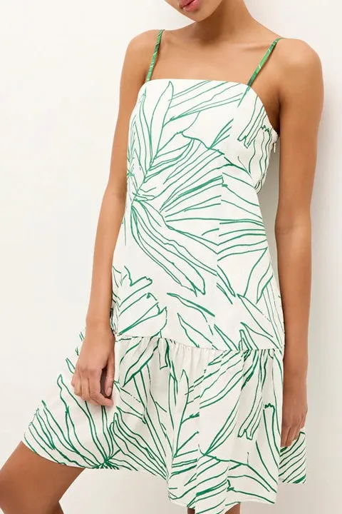 White Palm Print Flounce Hem Mini Dress