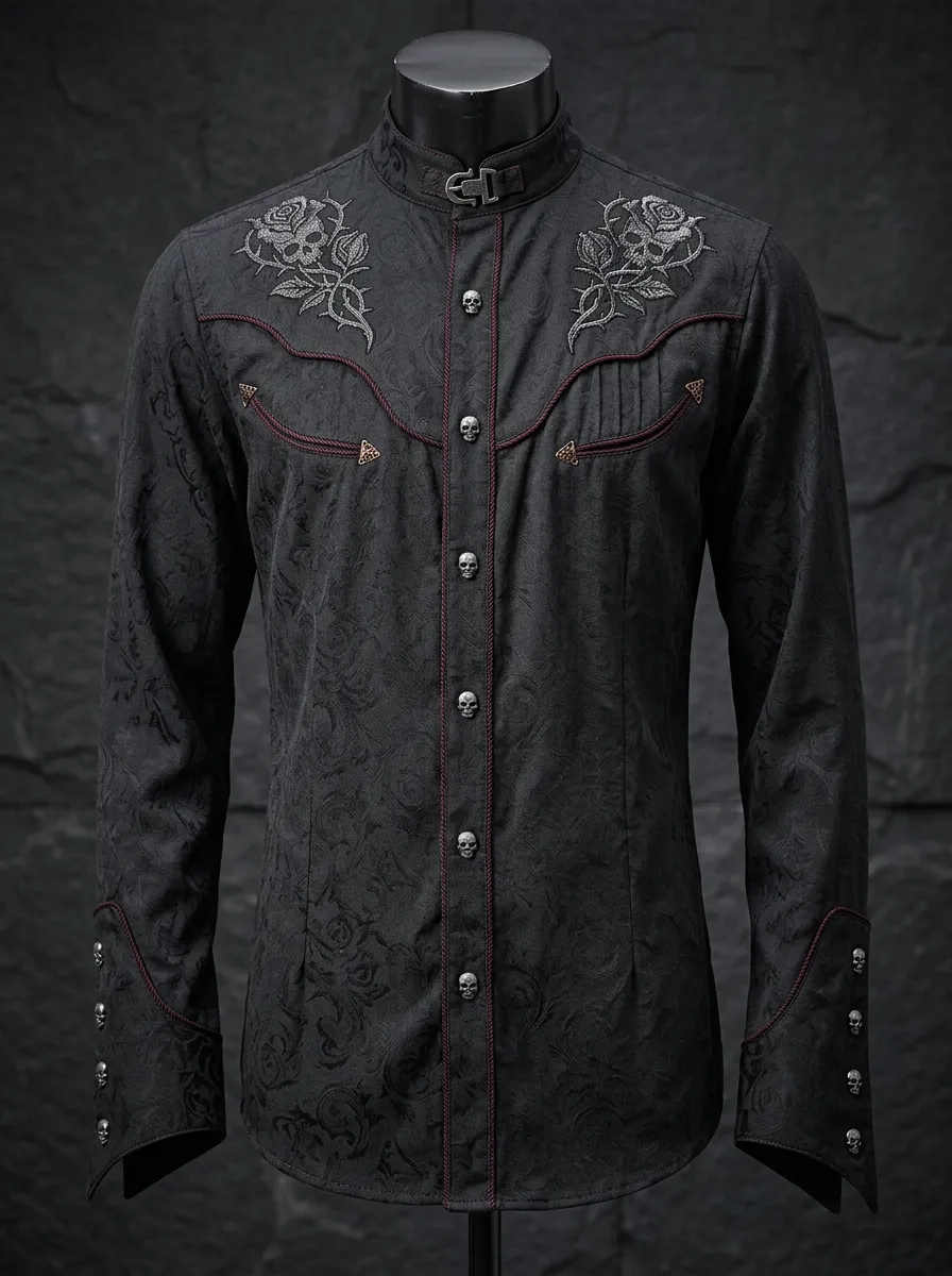 Midnight Skull Rose Embroidered Design Men's Gothic Shirt