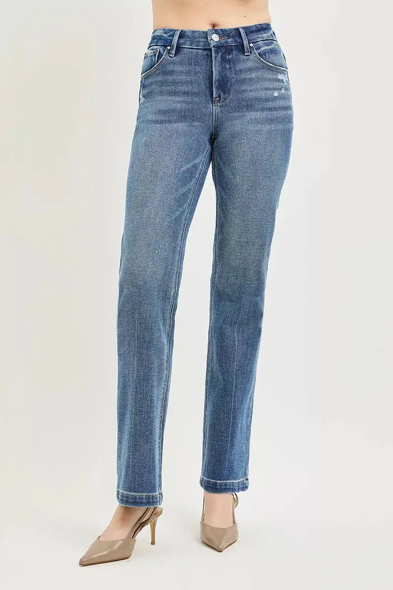 Mid Rise Pintuck Straight Leg Jeans