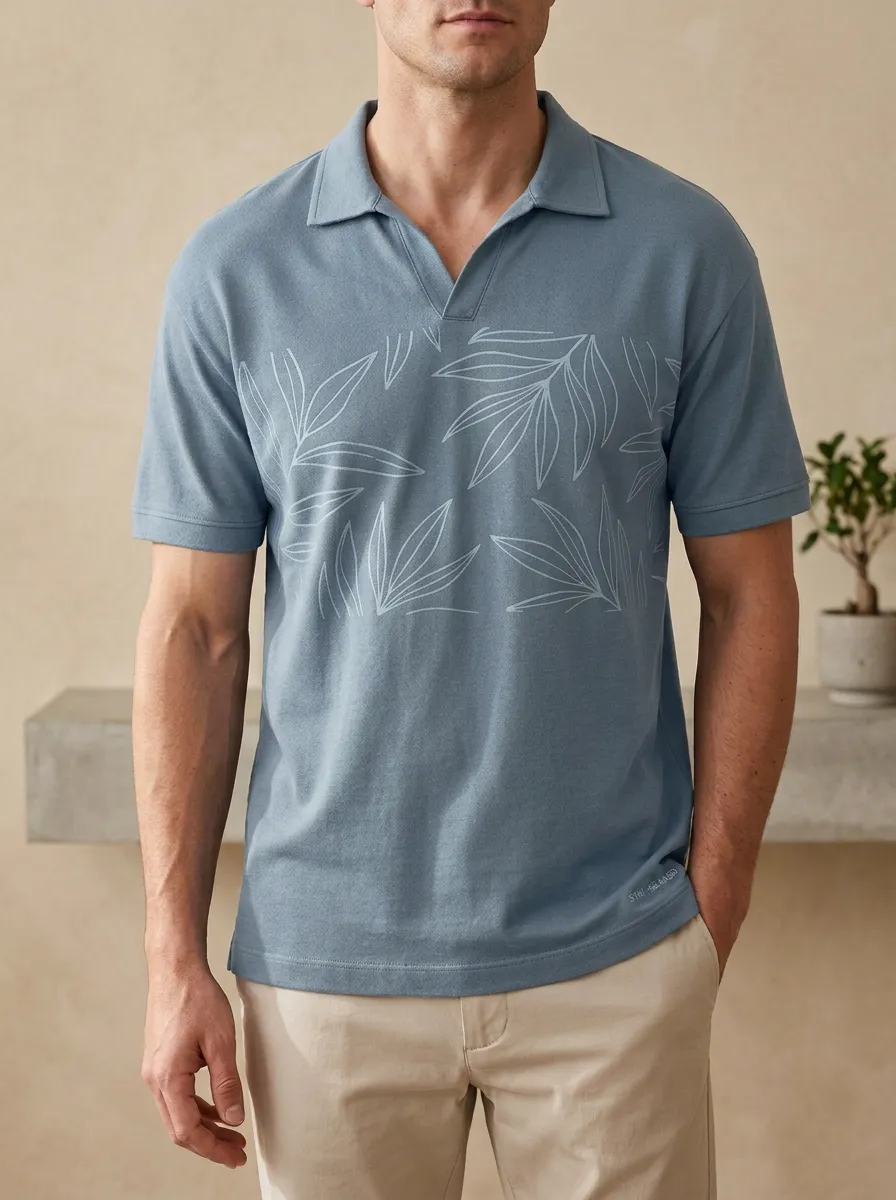 Refined Botanical Leaf-Pattern Men's Polo Shirt
