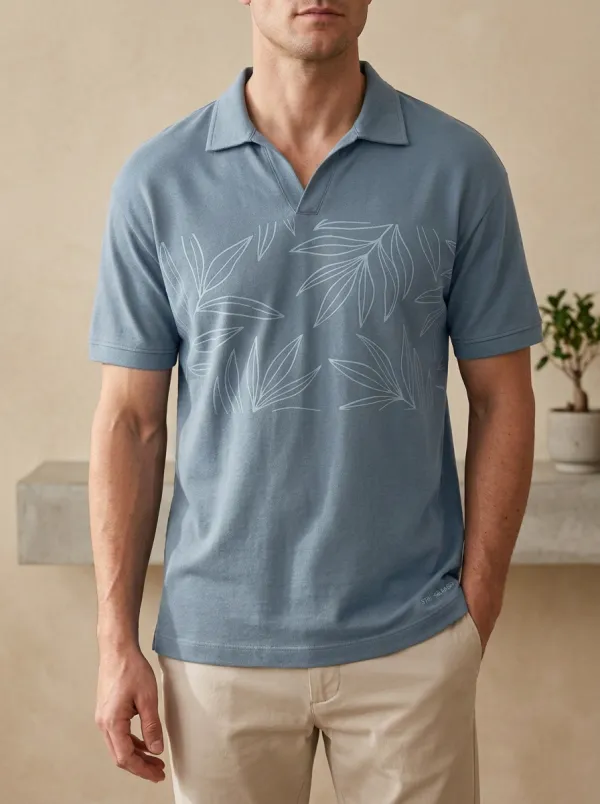 Refined Botanical Leaf-Pattern Men's Polo Shirt