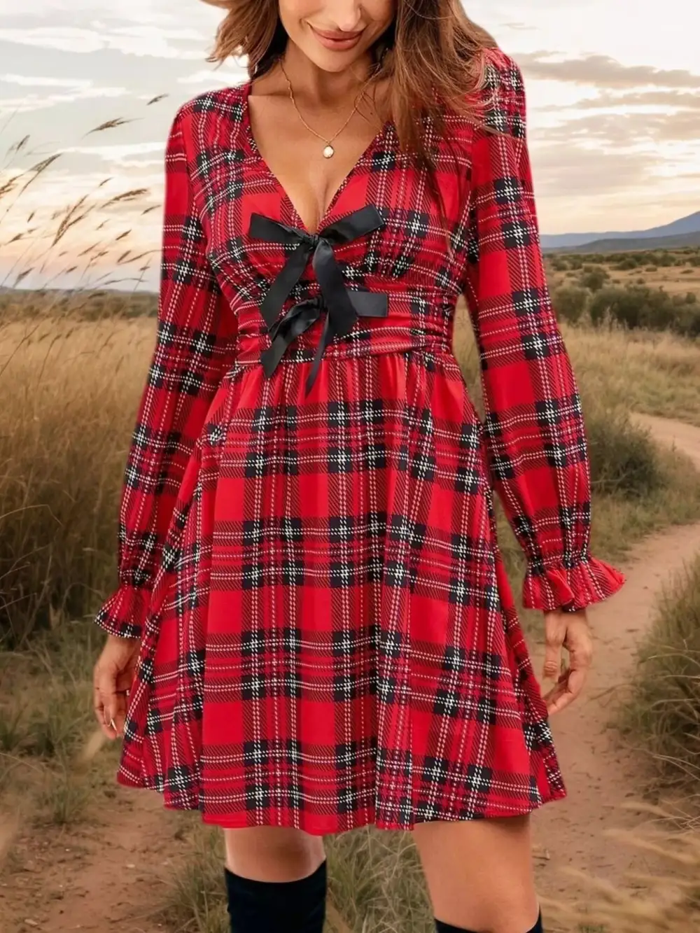 Plaid V Neck Mini Dress
