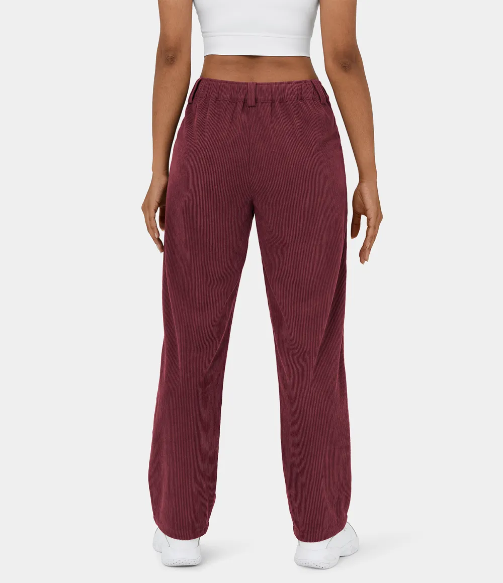 Mid Rise Button Zipper Side Pocket Corduroy Casual Pants