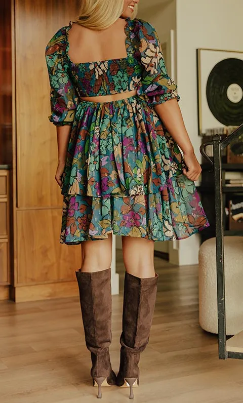 Ruffled Floral V-Neck Three-Quarter Sleeve Babydoll Mini Dress