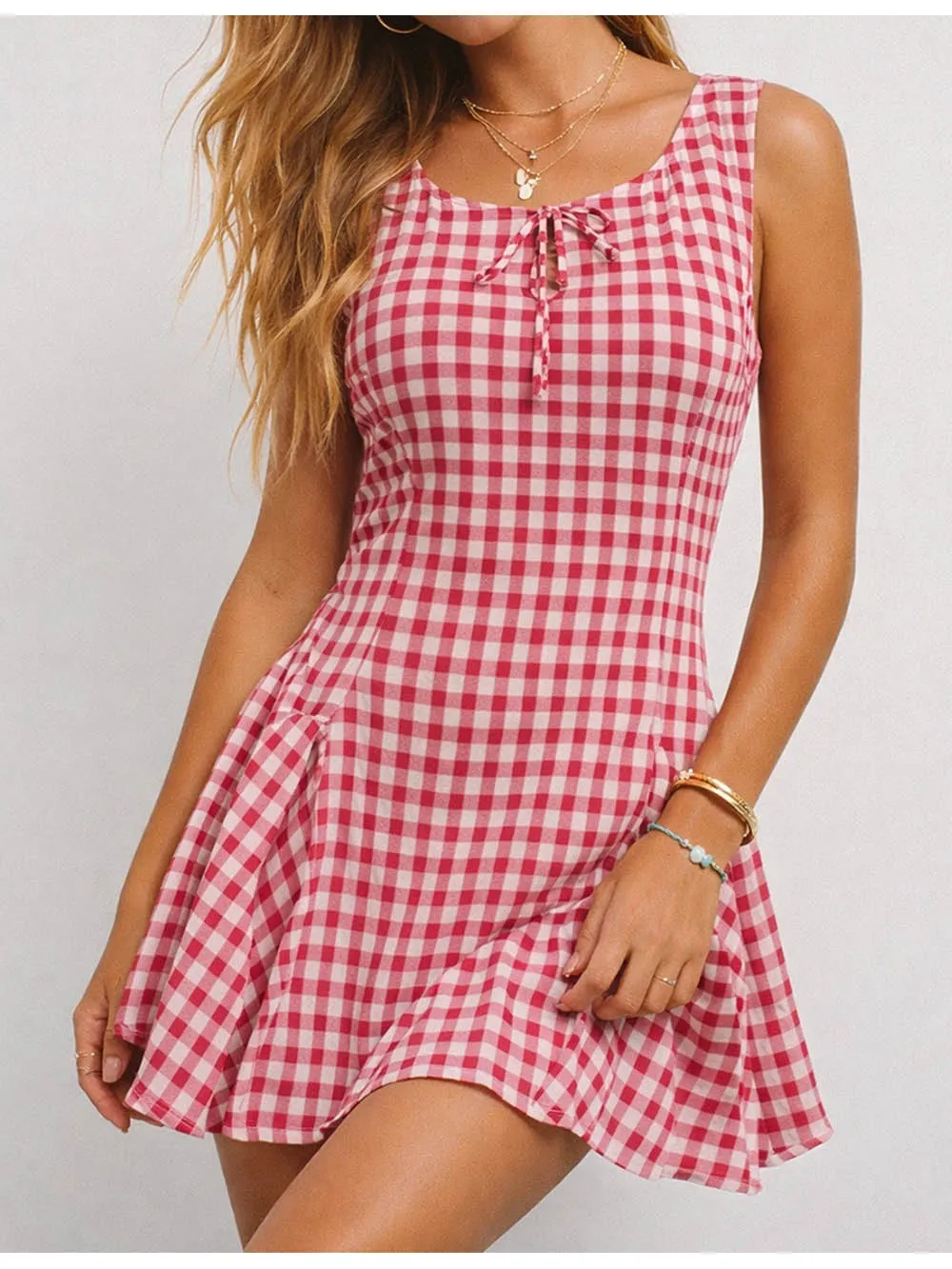 Checked Front Square Neck Sleeveless Mini Dress