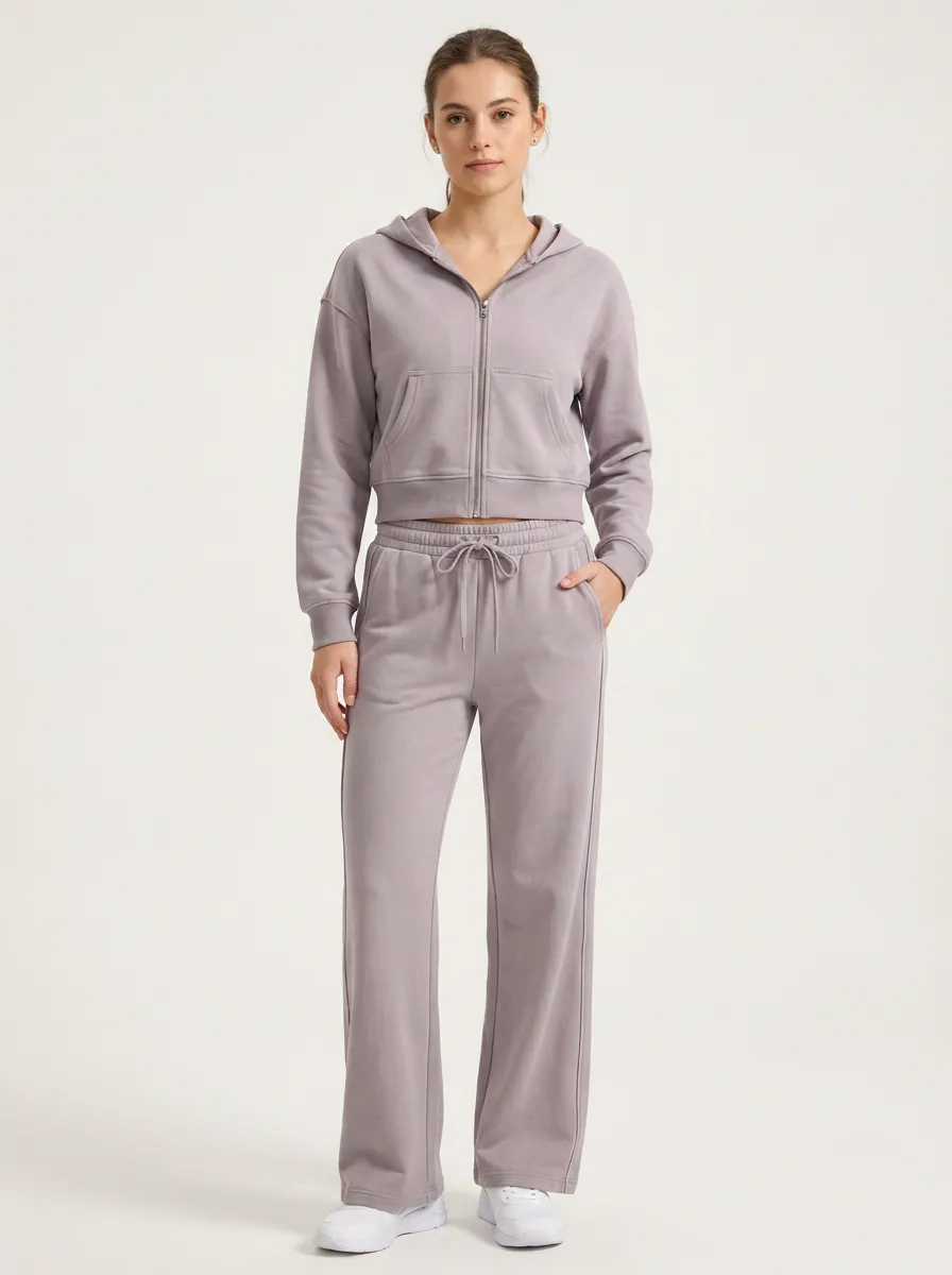 Women's Casual Loungewear Mauve Zip-up Hoodie Wide-leg Jogger Set