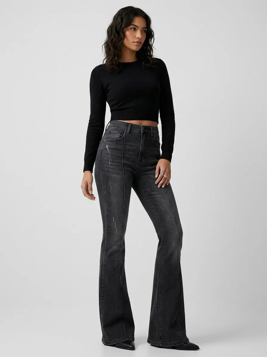 High-Waist Distressed Seamed Women's High-Waist Stretch Flare Jeans