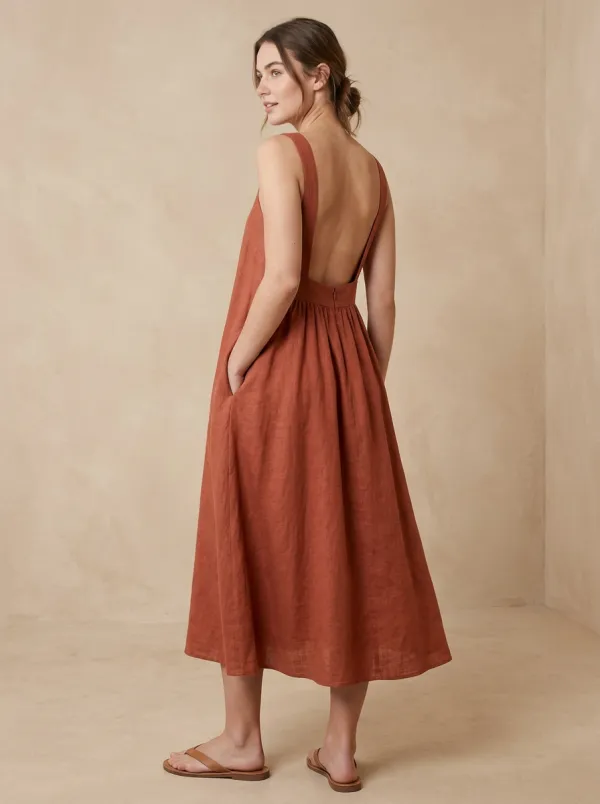 Women's Sunlit Casual Linen Midi Backless Dress