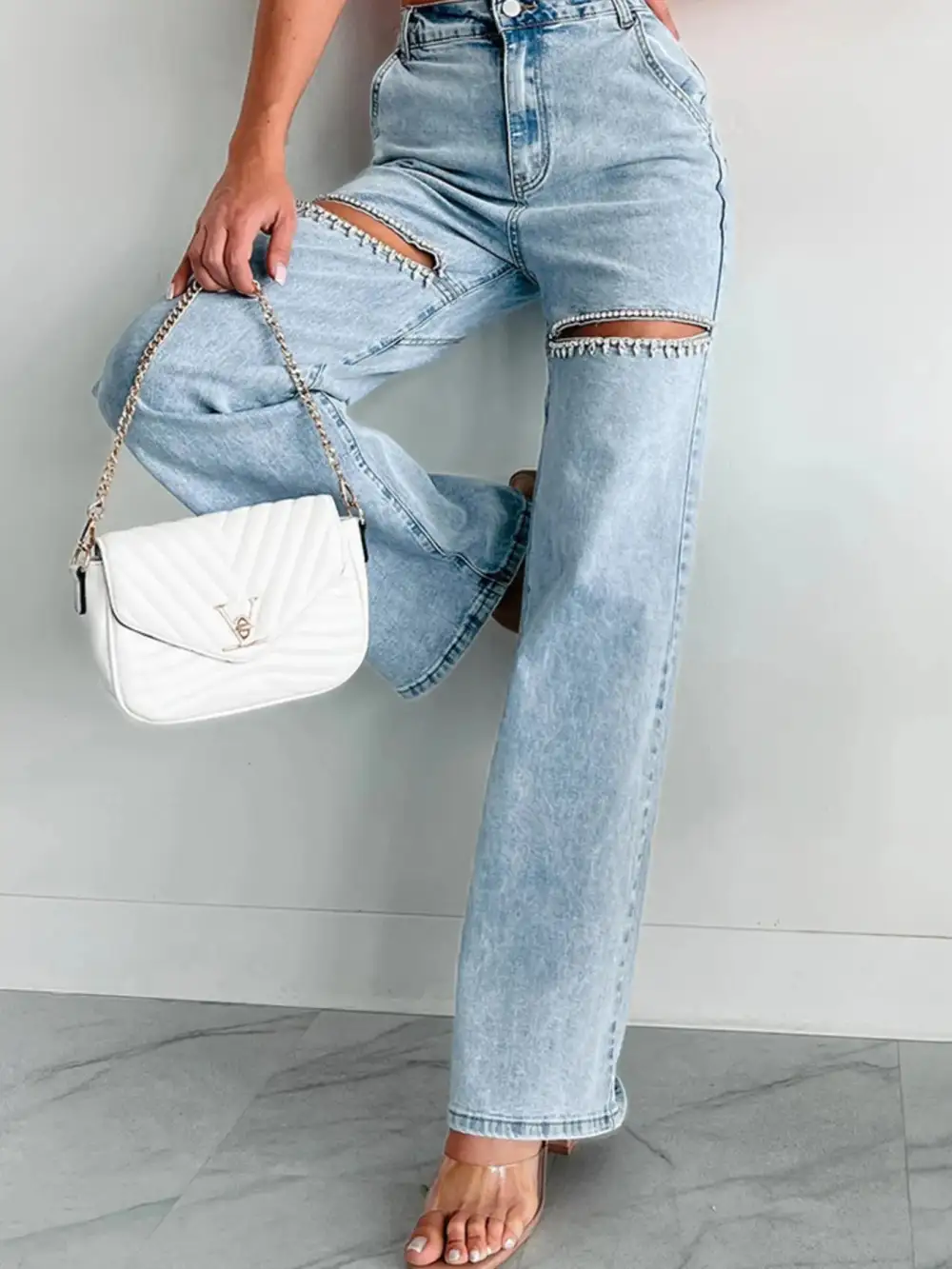 Sharp Wide Leg Ripped Denim Jeans
