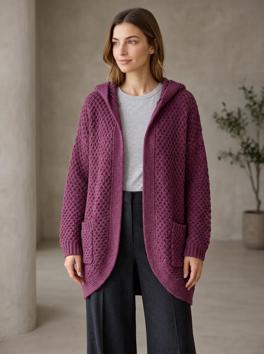 Women's Ribbed-Knit Open-Front Patch-Pocket Hooded Cardigan
