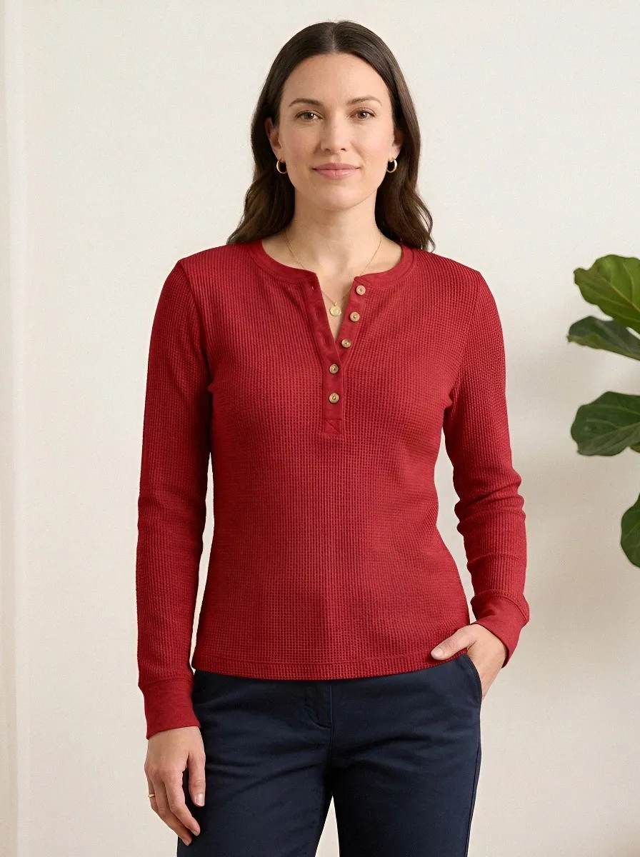 Women's Waffle-Knit Ribbed Long-Sleeve Henley Shirt