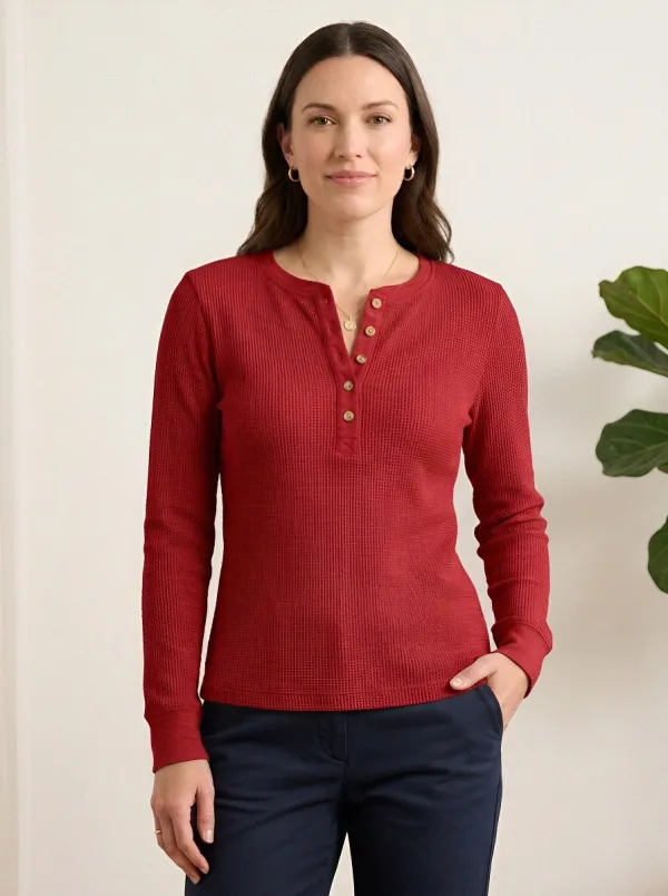 Women's Waffle-Knit Ribbed Long-Sleeve Henley Shirt