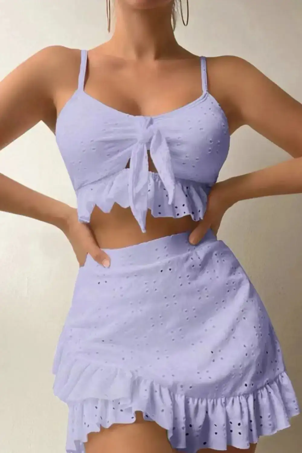 Eyelet Pattern Knotted Ruffle Bikini Swim Set