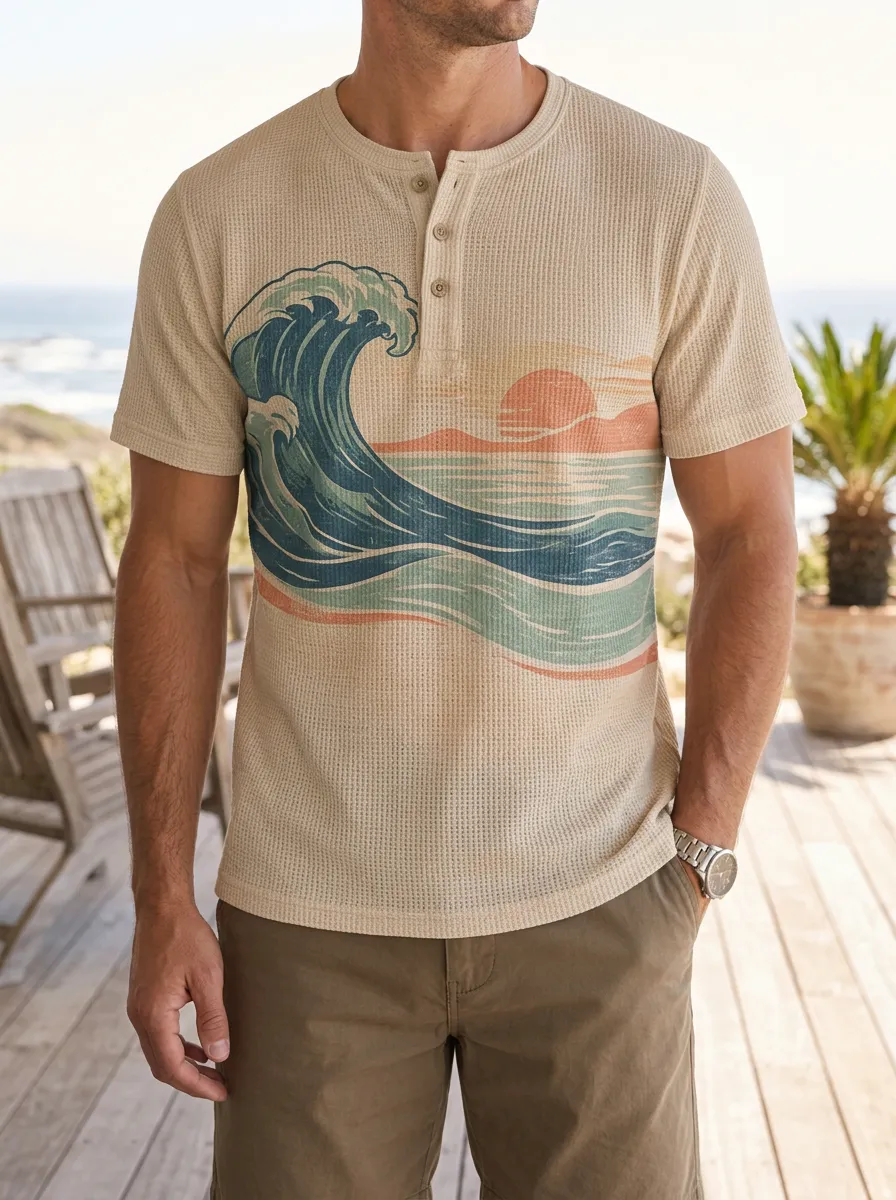 Men's Modern Beach Surfer Ocean Wave Sunset Henley T-Shirt