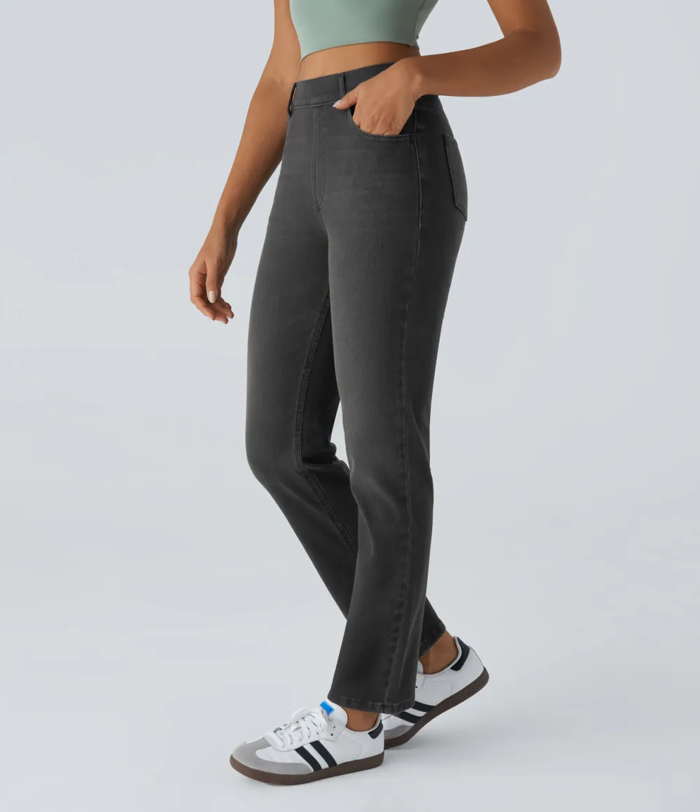 Magic High Waisted Multiple Pockets Straight Leg Washed Stretchy Knit Casual Jeans
