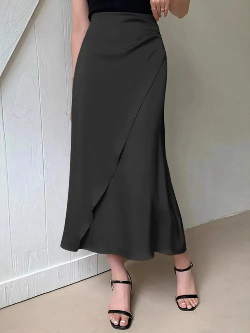 Asymmetric Wrap Midi Skirt With Fluted Hem